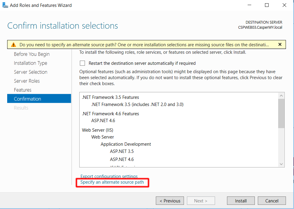 Windows Server 2016 Specify Alternate Path