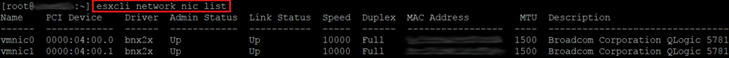 ESXCLi NIC List