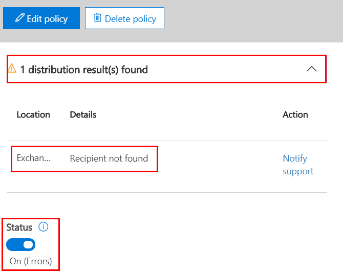 Office 365 Security and Compliance Retention Error
