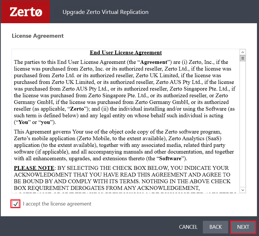 Zerto Upgrade EULA