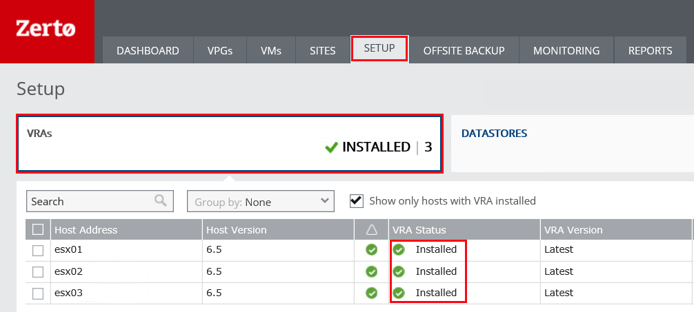 Zerto VRA Upgrade Installed
