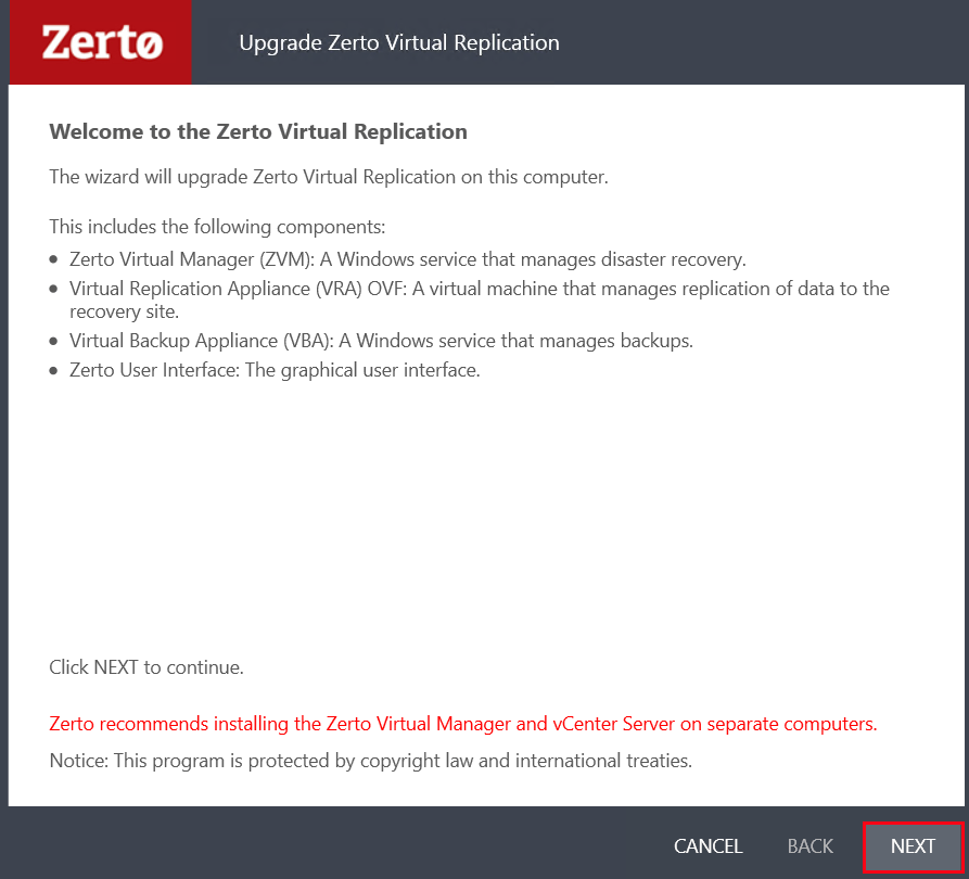 Zerto Upgrade Wizard