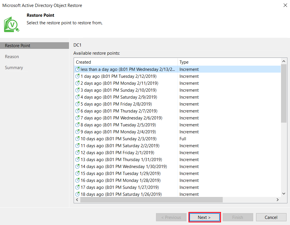 Veeam AD Restore Point