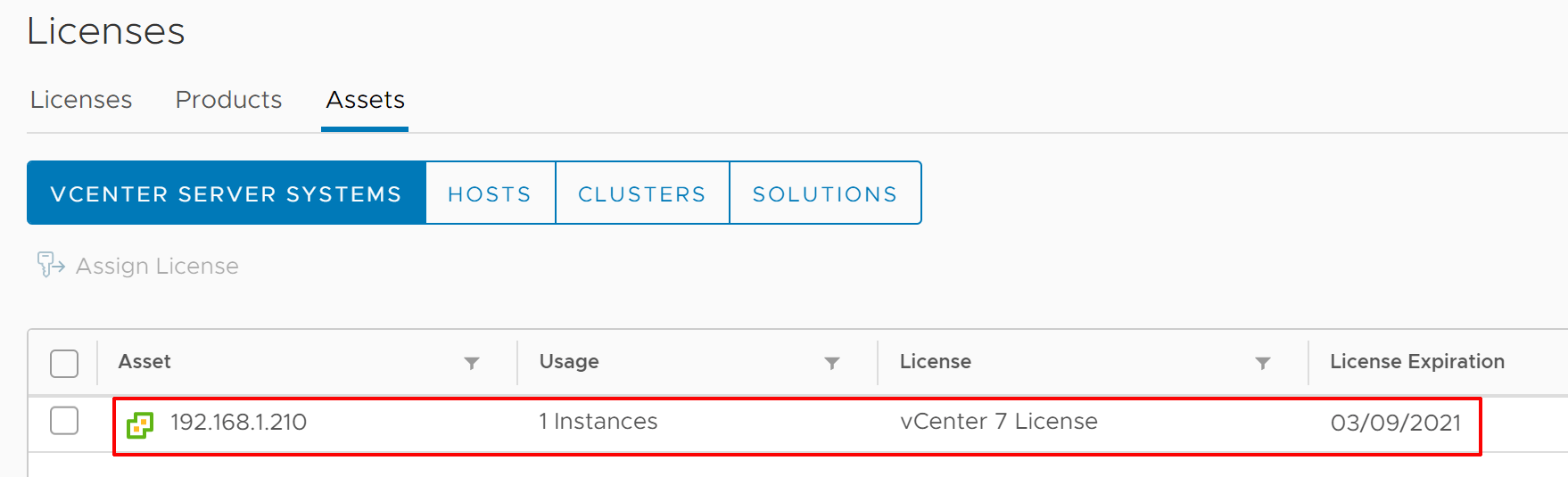 vCenter 7 Assigned License